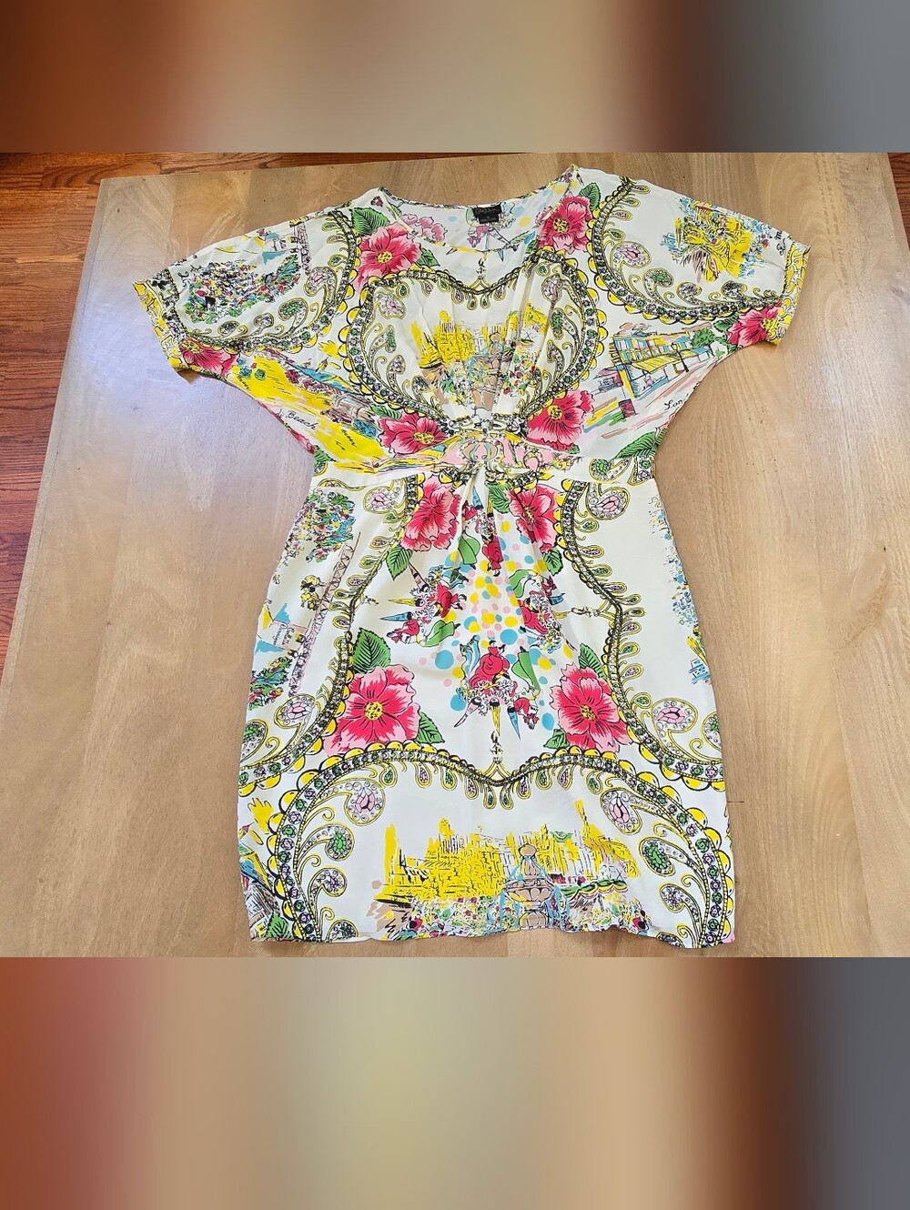 Collette Dinnigan 100% Silk Travel Print Cinch Dress Size 12 AU/8 US Resortwear